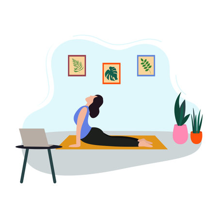 Young woman doing yoga at home watching online yoga lesson isolated flat vector illustration.  Online yoga lesson at home.のイラスト素材