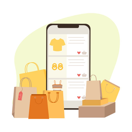 Mobile app for online shopping with shopping paper bags flat vector isolatedのイラスト素材