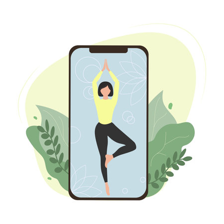 Mobile phone with application for doing yoga online flat vector isolated. Woman doing yoga flat vector illustrationのイラスト素材