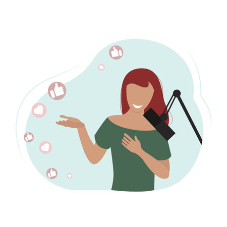Young happy female blogger with microphone making content flat vector illustration isolatedのイラスト素材