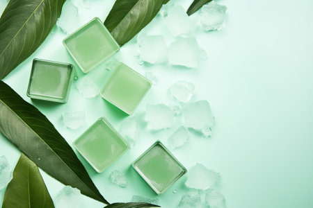 Handcrafted cosmetic product featuring ice cubes and exotic palm leaves on a mint green backdrop. Thの素材