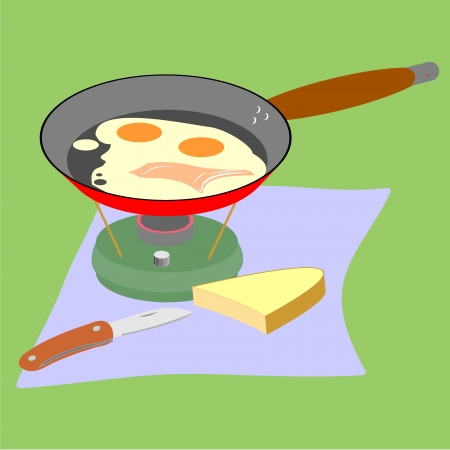 Fry pan with scrambledeggs on a primusのイラスト素材