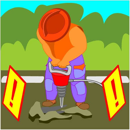 Man wearinga helmet with a jackhammer, on a higwayのイラスト素材