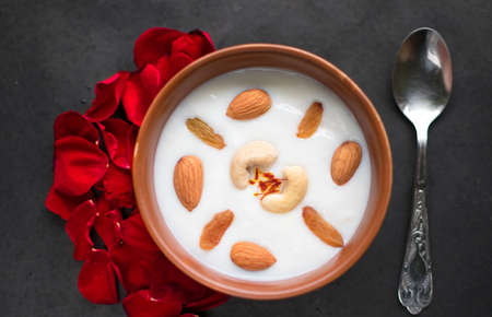 Semolina Milk Pudding or Rawa Kheer or semolina porridge a quick and delicious dessert n easy and nutritious breakfast .の写真素材