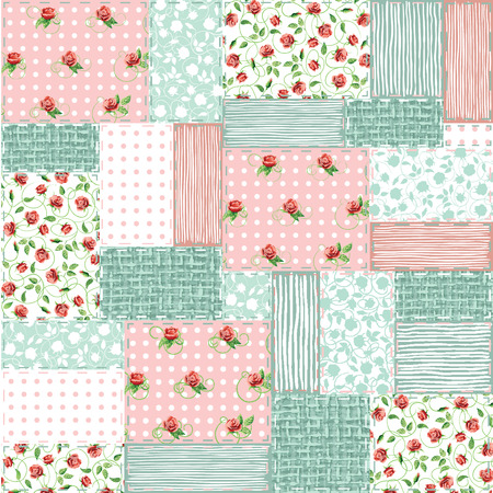 Imitation sewn pieces of fabric in a patchwork style shabby chic.のイラスト素材
