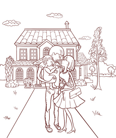 Happy family with a child in the background of your own home Vector illustration.のイラスト素材