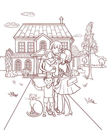Happy family with a child in the background of your own home Vector illustration.のイラスト素材