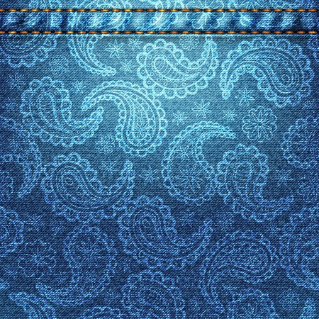 Texture of blue denim fabric with paisley. Backgroundのイラスト素材