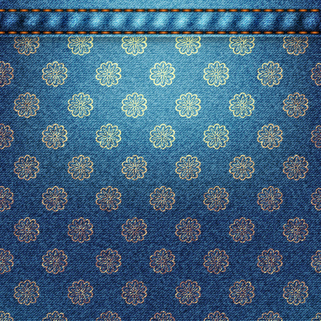 Texture of blue denim fabric with flowers. Backgroundのイラスト素材