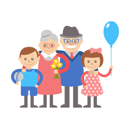 Grandmother and grandfather with grandson and granddaughterのイラスト素材