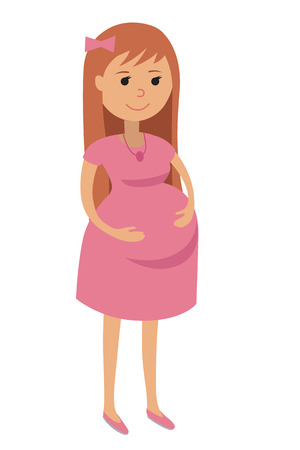 Pregnant Woman on pink dress. Flat style vector Illustration of pregnant young woman. Drawing of  happy pregnant woman isolated on white background.のイラスト素材