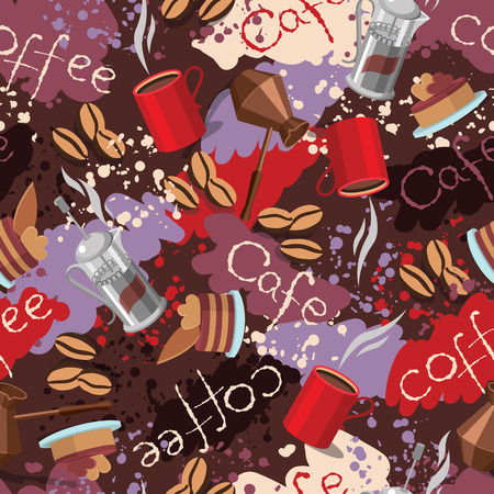 Seamless background with scattering of coffee beans spots and lettering. Seamless coffee pattern. Design for cards, wallpaper, posters, clothes. Vector illustration coffee theme.のイラスト素材