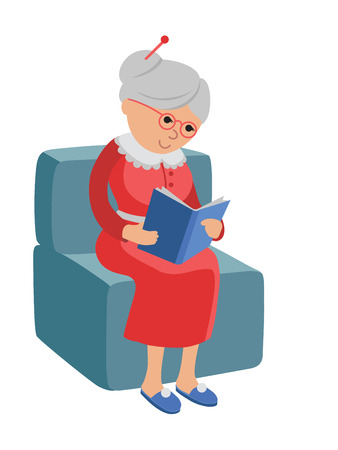 Illustration featuring an elderly woman reading a book. Vector illustration in flat style about the hobby of the elderly. Pensioner sitting in a chair at home reading a book.のイラスト素材