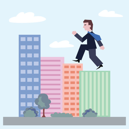 Confident businessman walking up the houses. Concept of business with person walking to the success. Modern flat design of urban landscape with city buildings, vector illustration.のイラスト素材