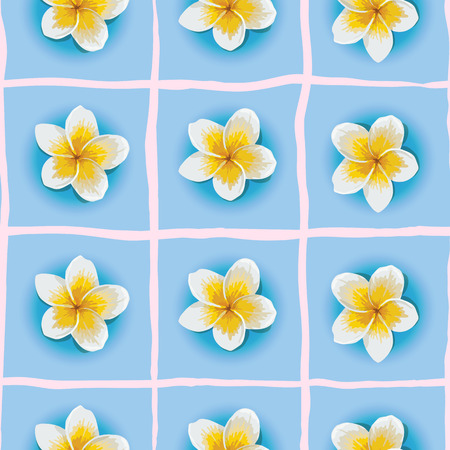 Vector seamless pattern with Plumeria or Frangipani flower in blue background. National flower of Laos and Bali. Floral background with stripes for summer design.のイラスト素材