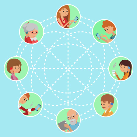 Family vector illustration flat style people faces online social media communications. Man woman parents grandparents with tablet phone. Content and humans connected via chat share like e-mail.のイラスト素材