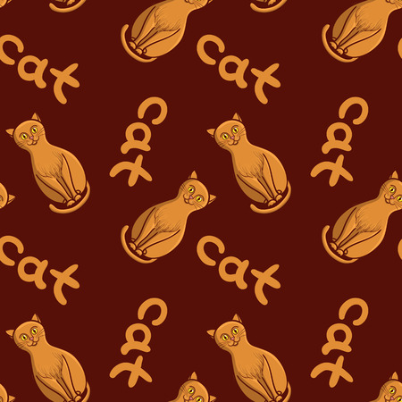 Cute flat cats. Vector seamless pattern with animals. Endless background with red cats with inscription.のイラスト素材