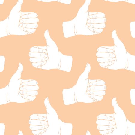 Seamless pattern hand showing symbol like. Making thumb up gesture. Drawn design element. Vector illustration. Endless illustration for web, poster, printのイラスト素材