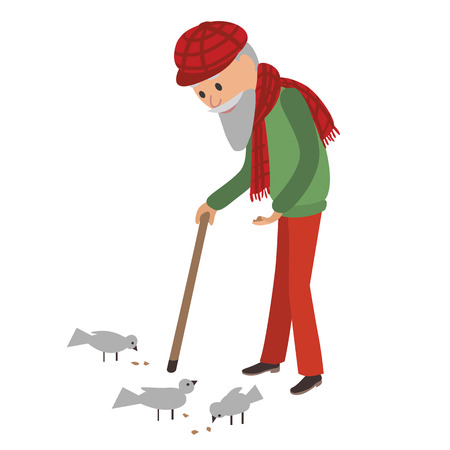 Vector illustration of elderly man feeding birdsのイラスト素材