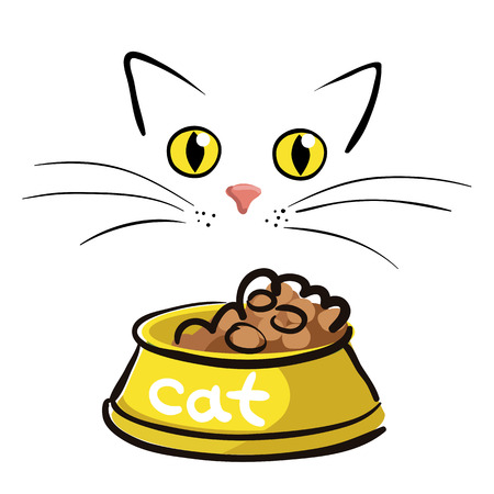 Cat face with bowl food on white background vector drawingのイラスト素材