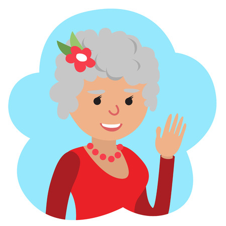 Vector drawing of icon elderly woman in the cloud, waving his hand. Hello gesture.のイラスト素材