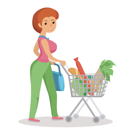 Woman pushing supermarket shopping cart full of groceries. Flat style vector illustration.のイラスト素材