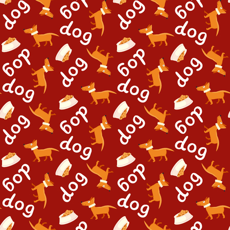 Vector illustration seamless background on red. Happy dog.のイラスト素材