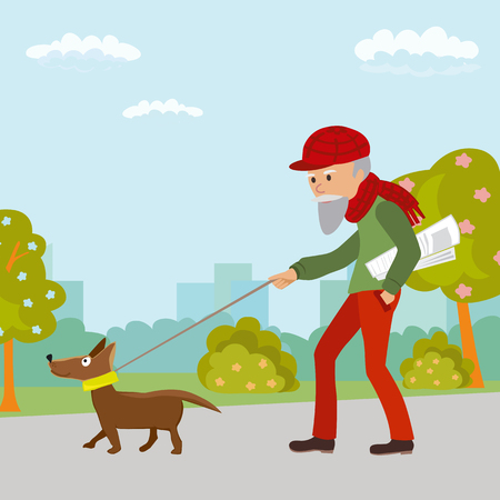 Elderly man walking with his dog in the park. Vector illustration on white background.のイラスト素材