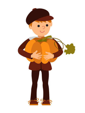 Vector illustration cute little boy holding a big pumpkin isolated on white backgroundのイラスト素材