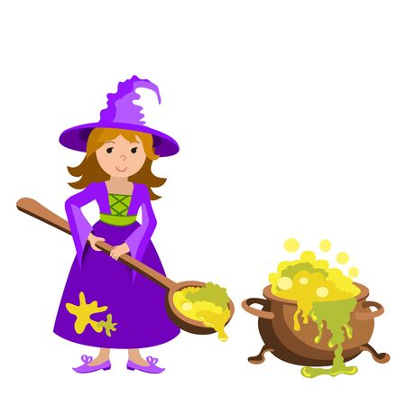 Vector cartoon image of funny witch with big cauldron potion on a white background. Halloween. Vector illustration.のイラスト素材