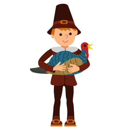 Vector illustration cute little boy holding a big turkey isolated on white backgroundのイラスト素材