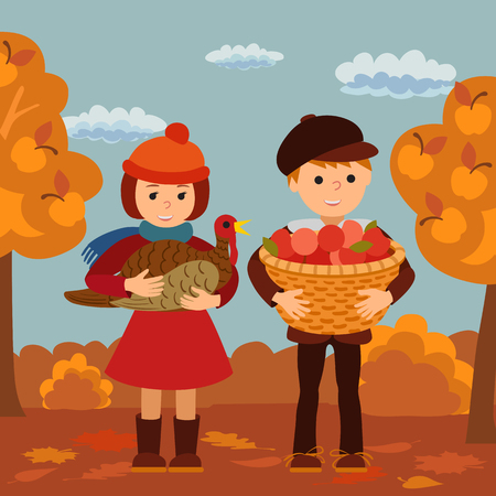 Thanksgiving day vector illustration with children apples and turkey .のイラスト素材