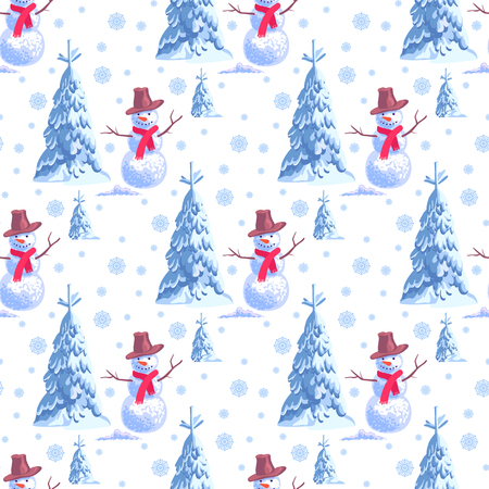 Seamless vector illustration of background on New Year s theme with snowman and christmas tree.のイラスト素材