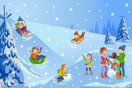 Vector illustration of winter landscape happy children playing with snowman, sledding, tubing, parents and kids.のイラスト素材