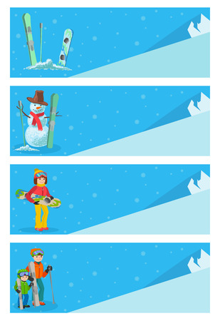 Mountain skier winter sport flyer design template. Snowboarding and skiing with snowman and people on flyers. Vector illustration.のイラスト素材