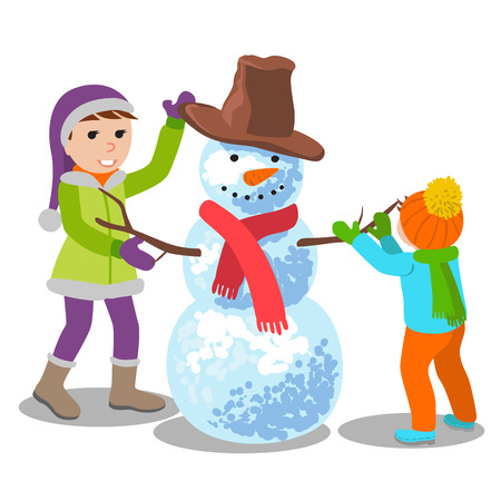 Children playing outdoor in the winter, make a snowman. Vector illustration isolated on white background.のイラスト素材