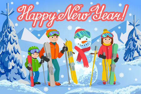 Vector illustration of new year congratulation card with winter landscape happy family and snowman with ski, parents and little boy. Fir trees in snow and lettering.のイラスト素材