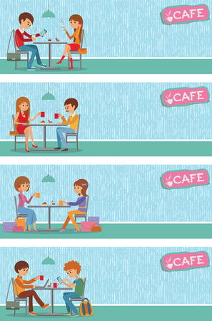 Couples of people in cafe eat, drink and use phone. Templates for flyers and banners. Vector Illustration with men and women at tables on blue background.のイラスト素材