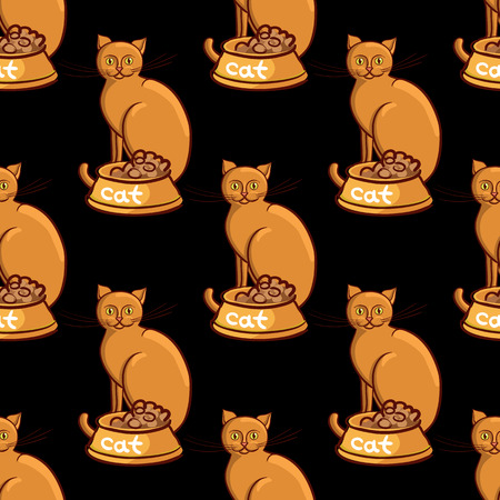 Red cat with bowl food on black seamless background vector drawingのイラスト素材