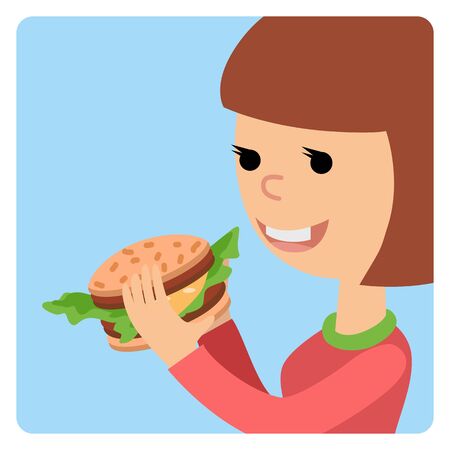 Girl eating sandwich. Vector illustration on theme fast food.のイラスト素材