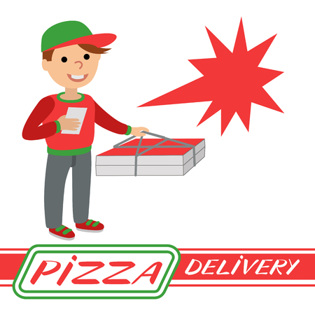 Pizza Delivery Man In Uniform Standing With Box In His Hands