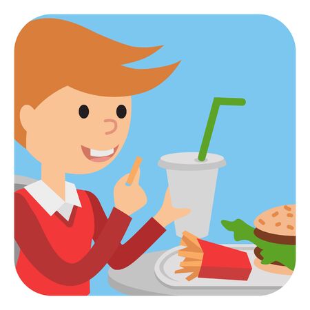 Boy eating fast food. Vector illustration of a child with fries.のイラスト素材