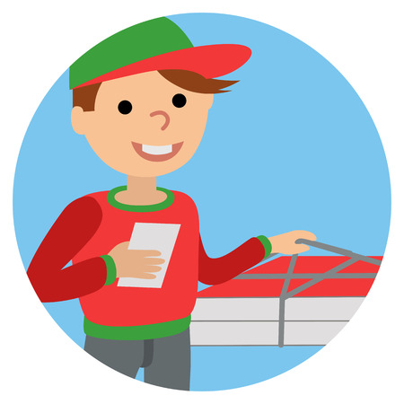 Pizza delivery man in uniform standing with box in his handsのイラスト素材