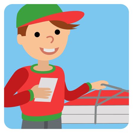 Pizza delivery man in uniform standing with box in his handsのイラスト素材