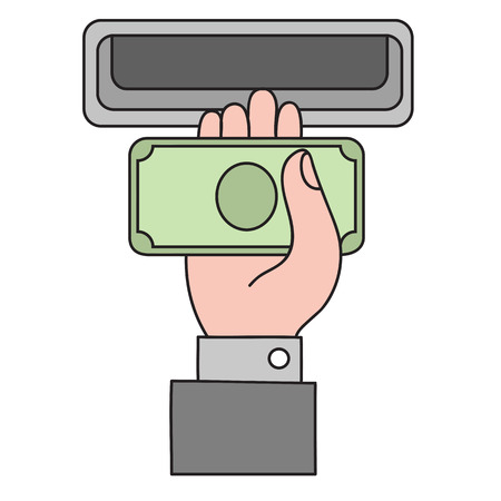 Human hand with dollar banknote to a cash validator. Flat style vector icon.のイラスト素材