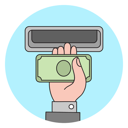 Human hand with dollar banknote to a cash validator. Flat style vector icon.のイラスト素材