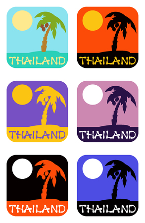 Vector set coconut palm tree emblems with thailand inscription in different colourのイラスト素材