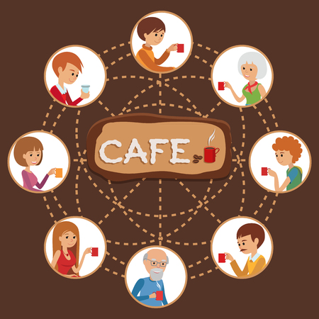 People in cafe. Vector Illustration with friends men and women drinking coffee.のイラスト素材