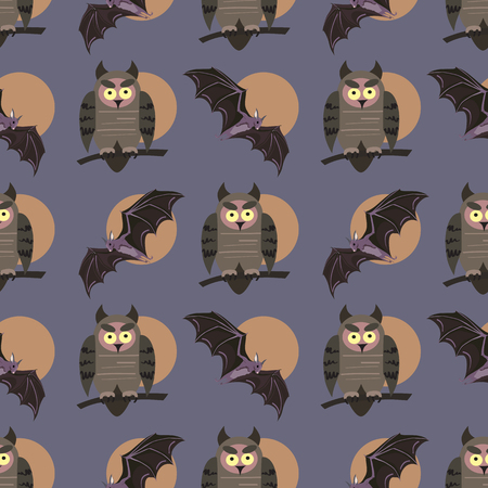 Pattern with birds. Owls on branches and bats. Halloween theme.のイラスト素材