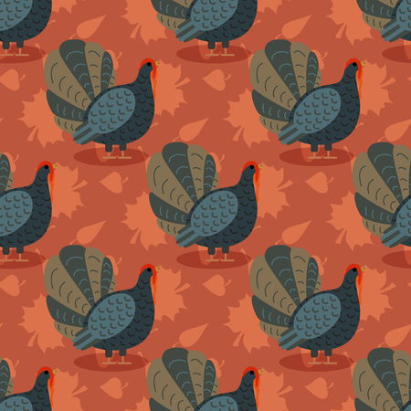 Colorful pattern with cartoon turkey bird and leaves. Seamless background for Happy Thanksgiving...